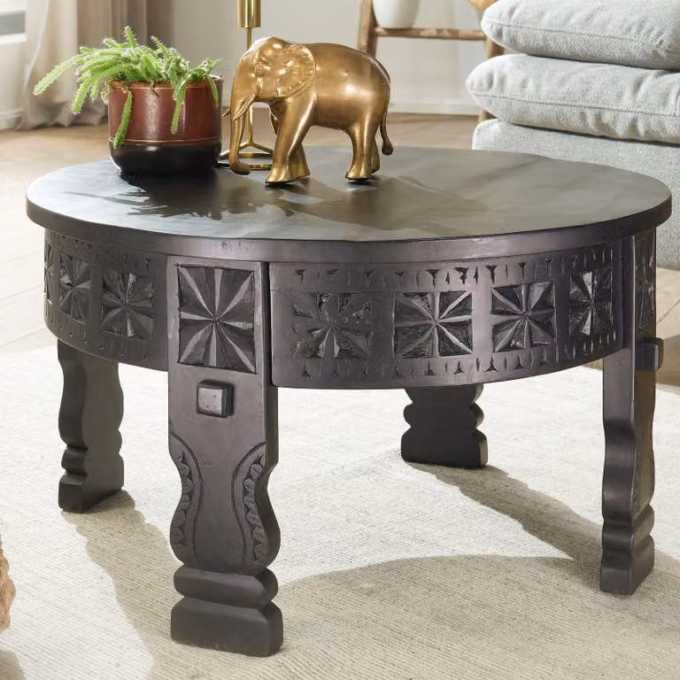 Tavolino FineBuy in legno massello di mango, rotondo, 60 cm · Tavolino da salotto intagliato a mano in stile boho orientale · Tavolino in legno massello scuro in stile orientale
