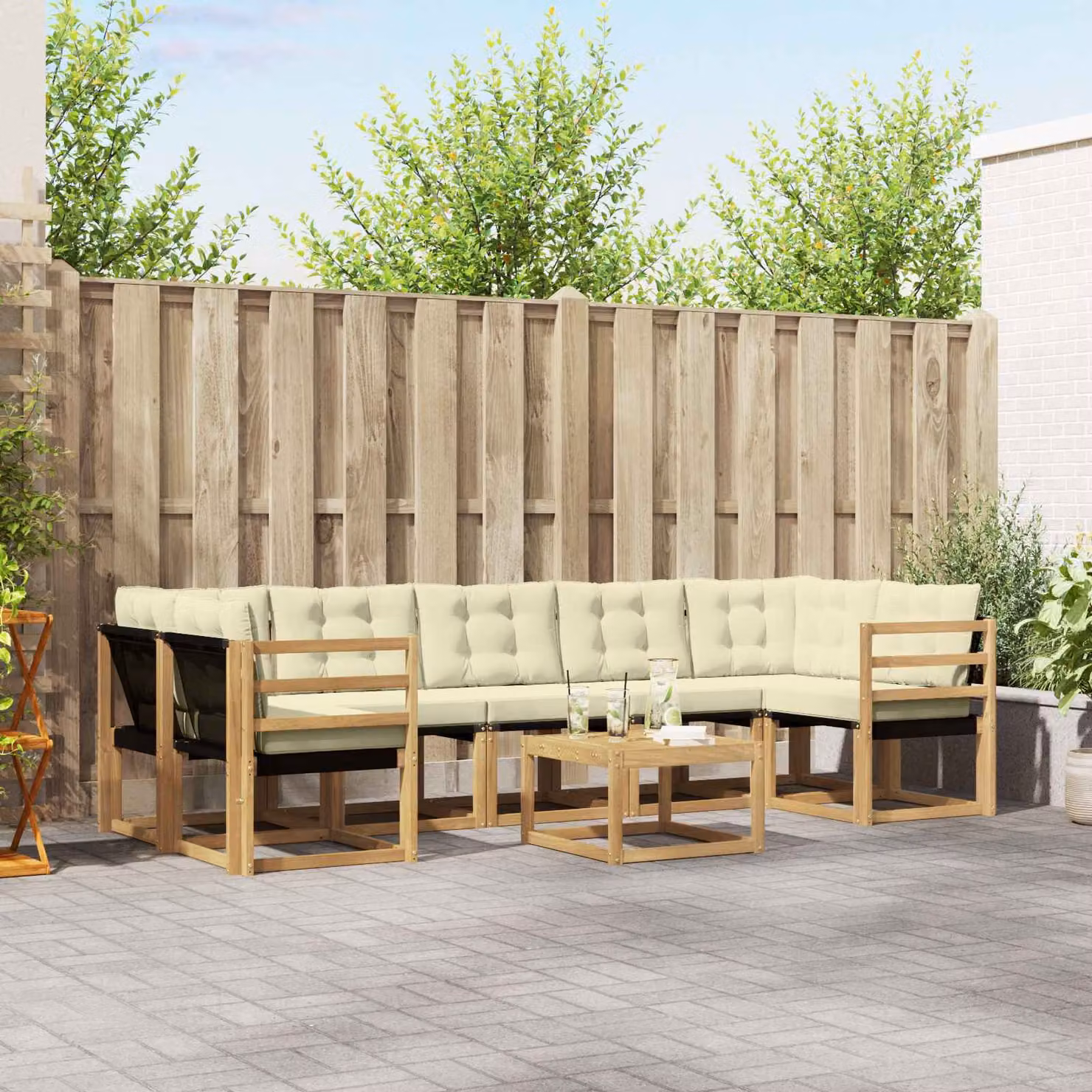 Set di divani da esterno vidaXL 8 pezzi in legno di acacia con tavolino e cuscini, Bianco e Beige