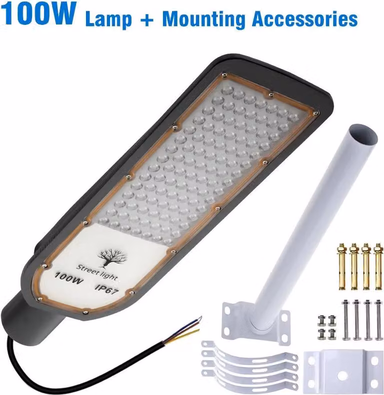 Illuminazione stradale a LED - Lampione da 100 W - Impermeabile IP67 - 85–265 V CA - Corpo in alluminio - Per esterni - Kit di montaggio incluso - RGB