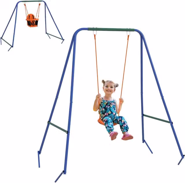 Altalena per bambini Minimal a 2 posti arancione e blu con altezza regolabile