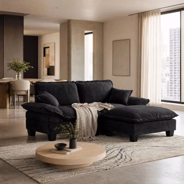 Divano angolare modulare 194x155 cm in ciniglia nero con ottomano HOMVRA