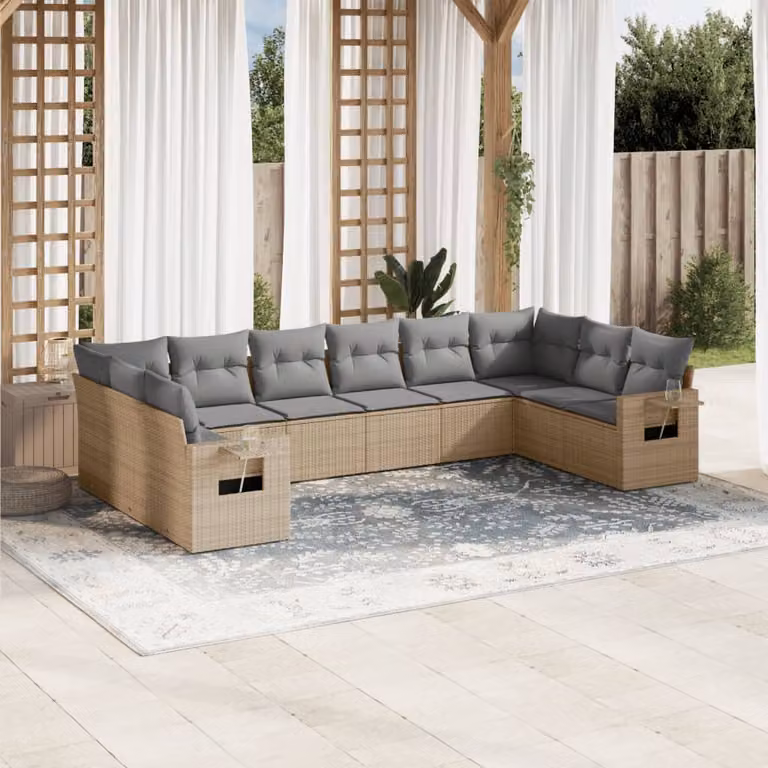 vidaXL Set Divano da Giardino 10 pz a Forma a L con Cuscini Beige e Struttura in Metallo e Polyrattan