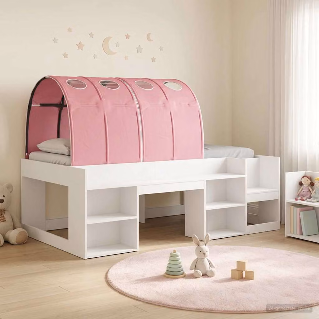 Letto per bambini vidaXL con struttura a casetta e tunnel, Bianco e Rosa, L/P/H: 120 x 203 x 65 cm