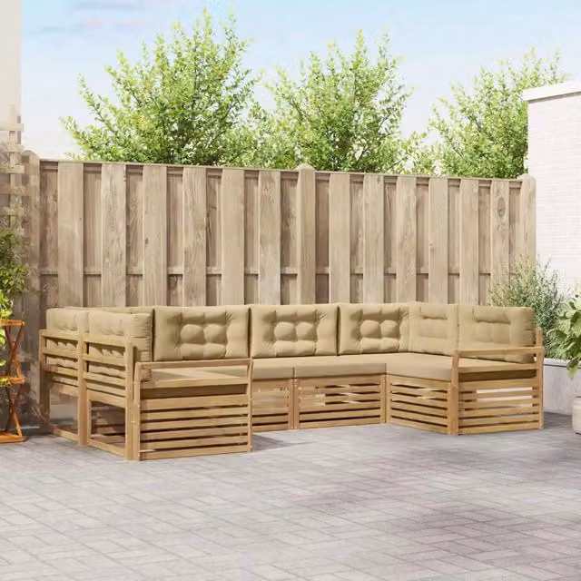 Set di divani da esterno a L vidaXL in legno di acacia con cuscini, Bianco e Beige – 1