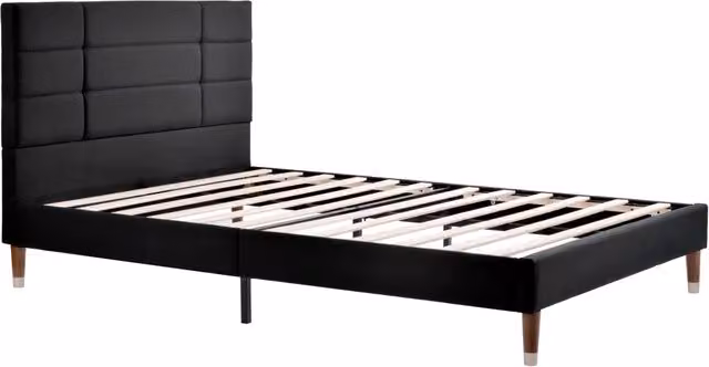 Letto matrimoniale imbottito 140x200 cm con rete a doghe e materasso a molle insacchettate, rivestimento in lino nero