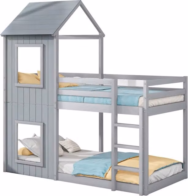 Letto Casetta Singolo Chicfurn in Legno di Pino Grigio con Sponda e Scala L/P: 90 x 200 cm