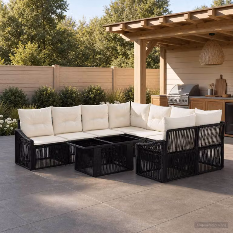 Set Divano da Giardino Moderno vidaXL in Polyrattan 9 Pezzi con Cuscini, Nero e Bianco Crema