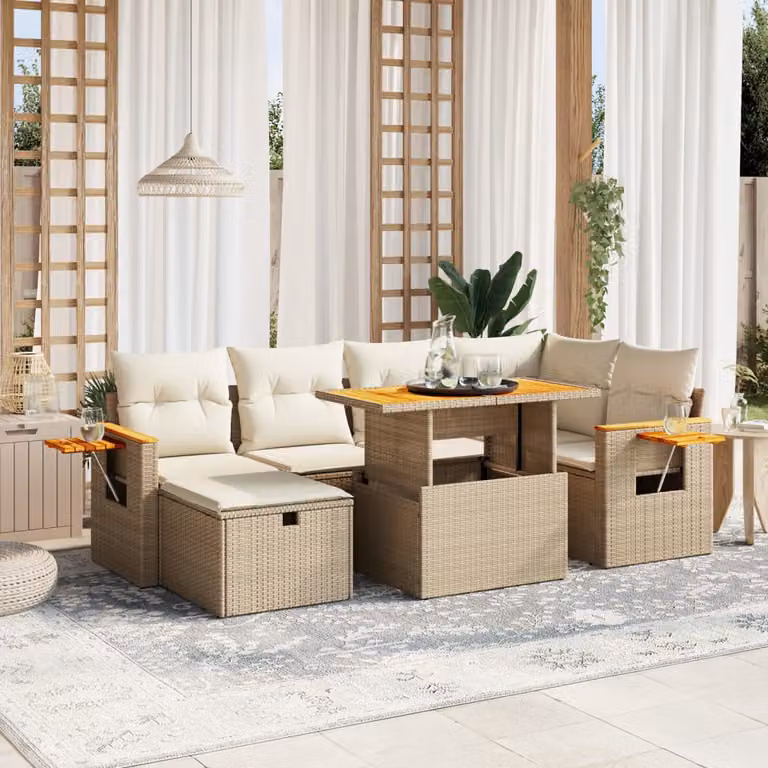 Set di Divani da Giardino vidaXL 7 pz in Polyrattan con Cuscini Beige e Tavolino da Esterno
