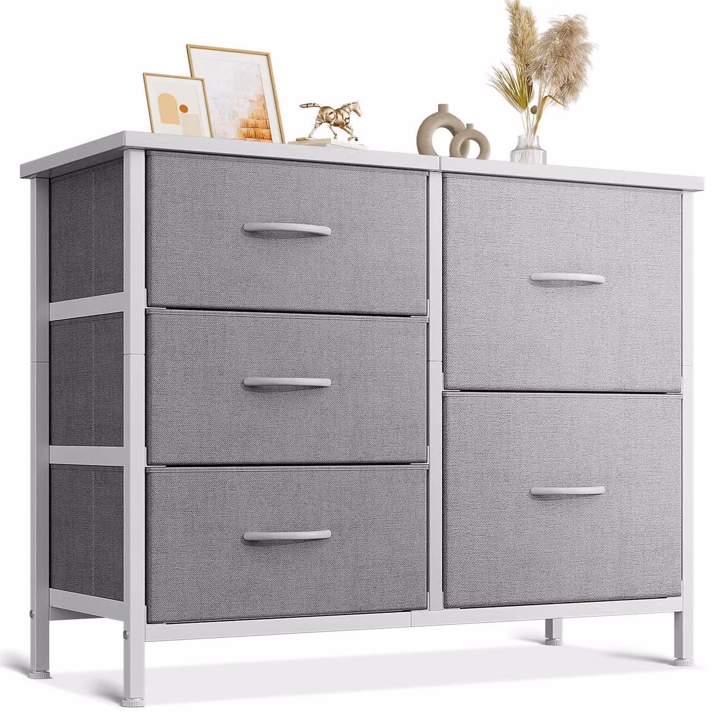 Comodino con 5 cassetti rivestiti in tessuto, colore grigio chiaro, dimensioni 76 x 29 x 60 cm