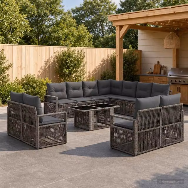 Set Divano da Giardino vidaXL 12 pz in Polyrattan Grigio e Antracite con Tavolino e Cuscini