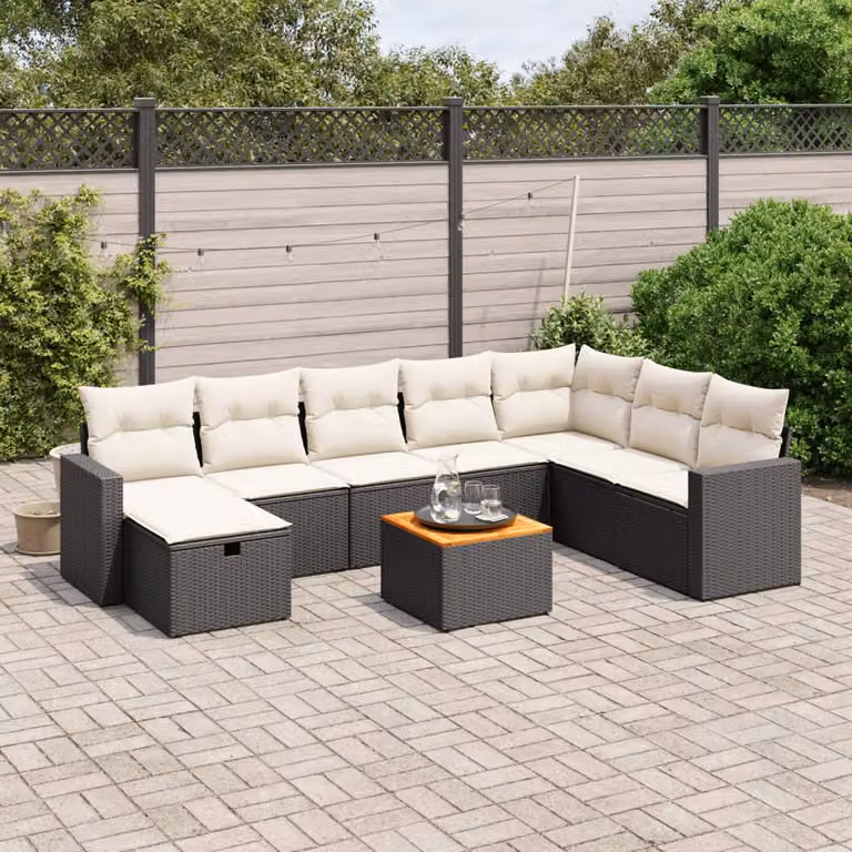 vidaXL Set Divani da Giardino a L 9 pz con Cuscini e Tavolino, Polyrattan e Acciaio Nero