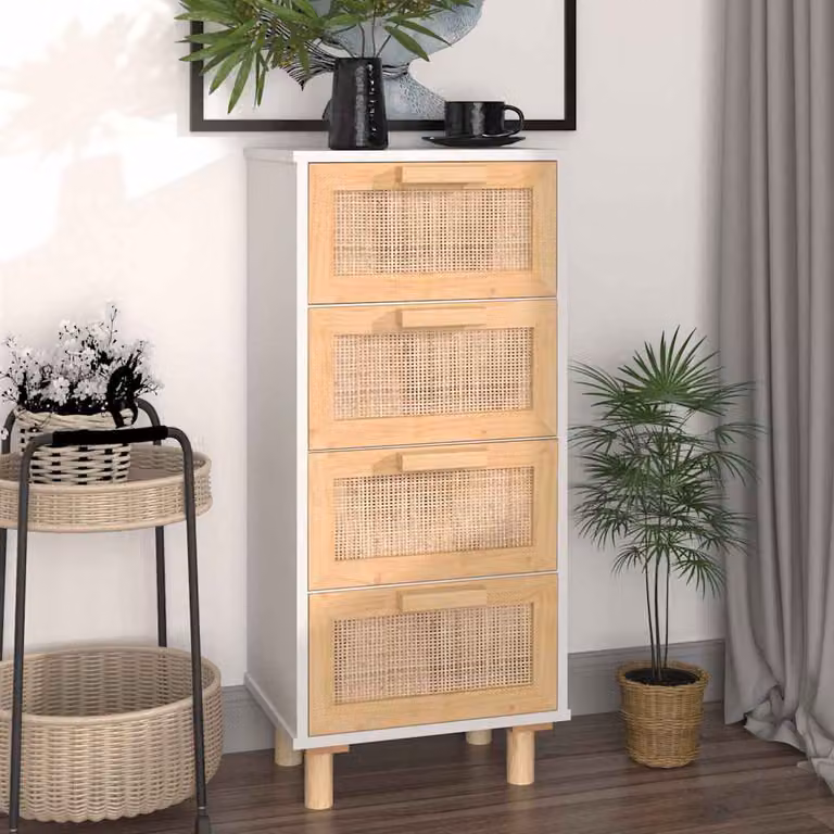 Credenza vidaXL in legno massello di pino e rattan naturale, colore bianco, L 40 cm, P 30 cm, H 90 cm