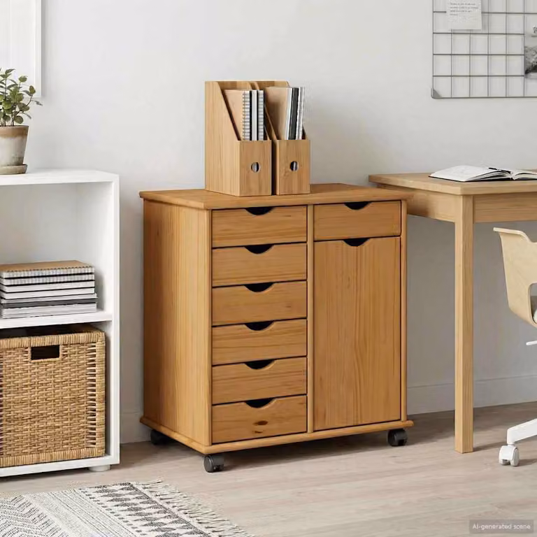Mobile con ruote vidaXL in legno di pino massello marrone con cassetti e ripiani L/P/H: 63,5 x 39 x 65,5 cm