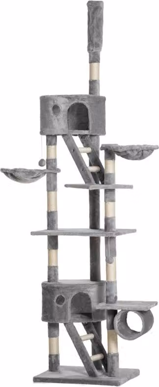 Albero per gatti Moonbite, altezza 240–260 cm, con palo centrale, completo di grotte, ceste, tunnel e scale, pali in sisal per graffiare, rivestito in peluche, colore grigio chiaro