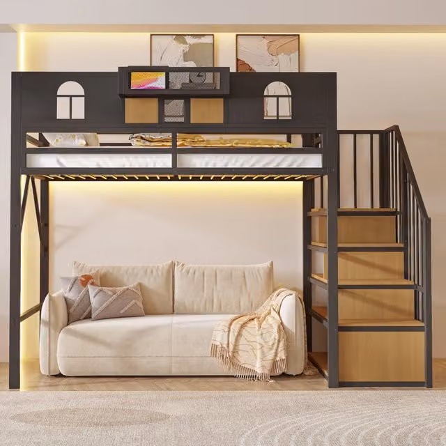 Letto a Soppalco in Metallo 90x200 cm Nero con Scala Contenitore; Striscia LED e Ripiani