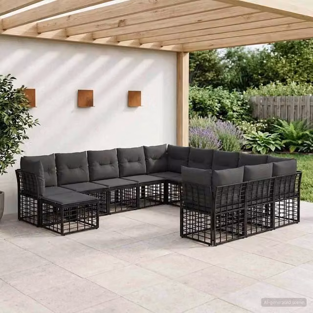 Set di divani da esterno 12 pz Nero e Grigio scuro Poliestere 3437629