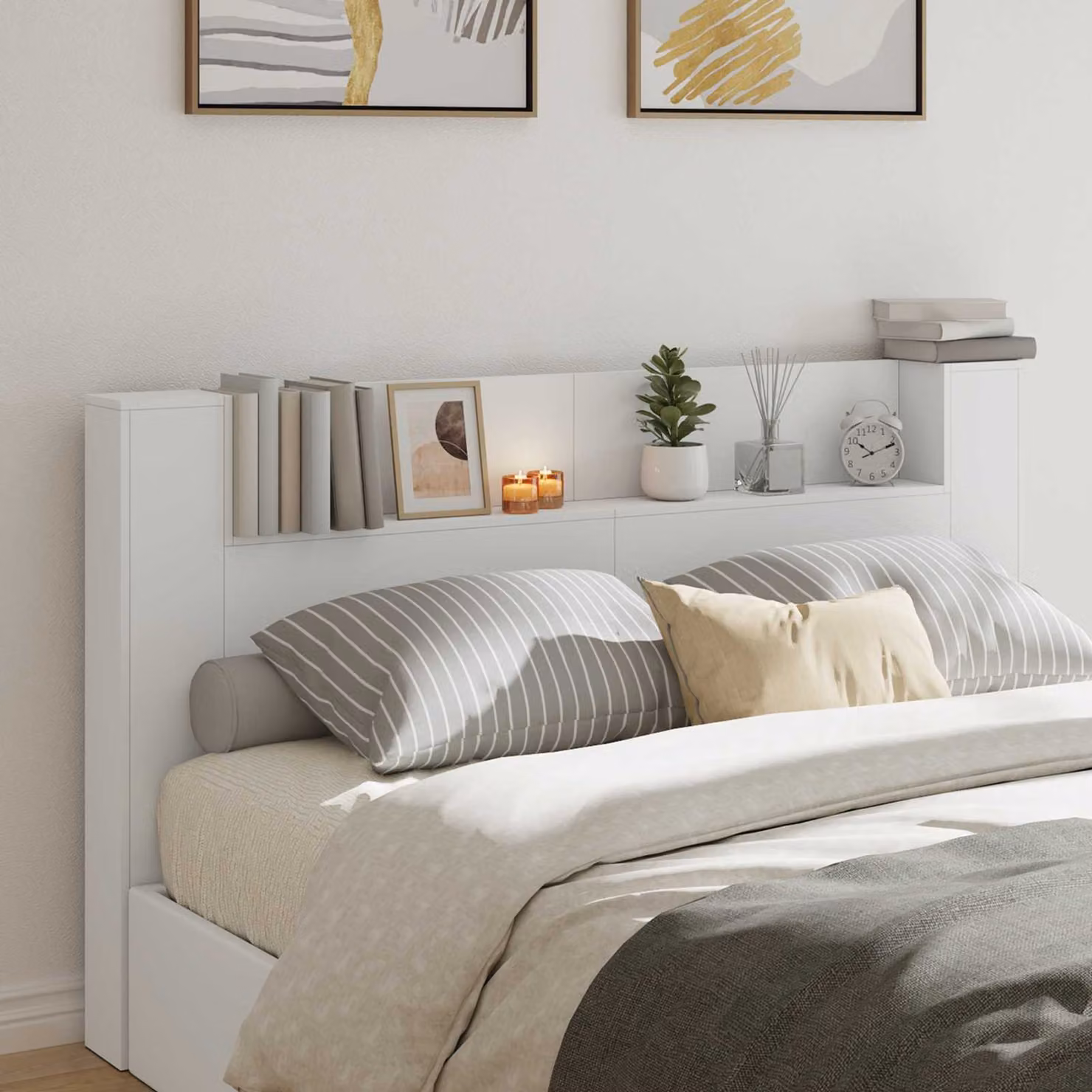 Testata del letto con mobile e illuminazione LED vidaXL, colore bianco, in legno ingegnerizzato, L: 180 cm, H: 103,5 cm, P: 22,79 cm