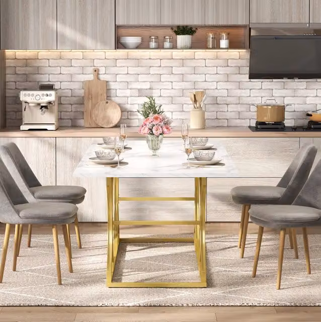 Tavolo da pranzo 200×80 cm per 8-10 persone, piano in MDF effetto marmo 2,5 cm, gambe in metallo dorato con piedini regolabili