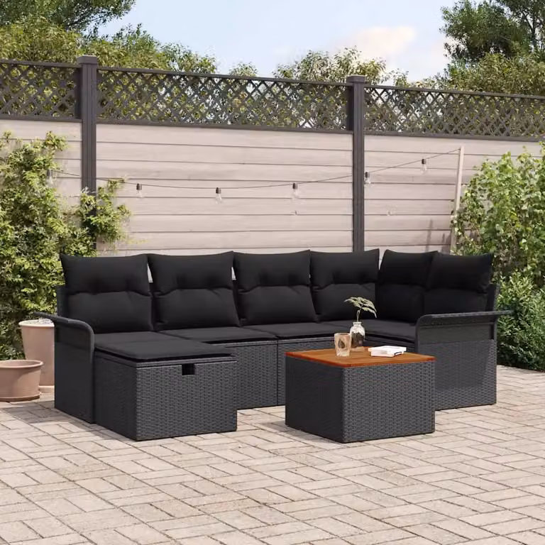 Set Divano da Giardino vidaXL a forma a U composto da 7 pezzi con cuscini e tavolino, colore Nero
