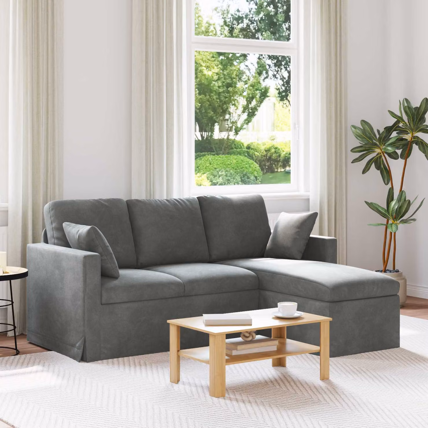 Divano angolare vidaXL in velluto grigio scuro con cuscini, L/P/H: 178 x 134 x 80 cm – 1