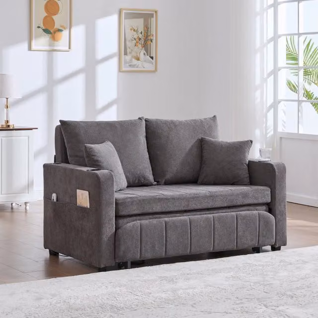 Divano letto in ciniglia grigia 139x83x58 cm con 4 cuscini