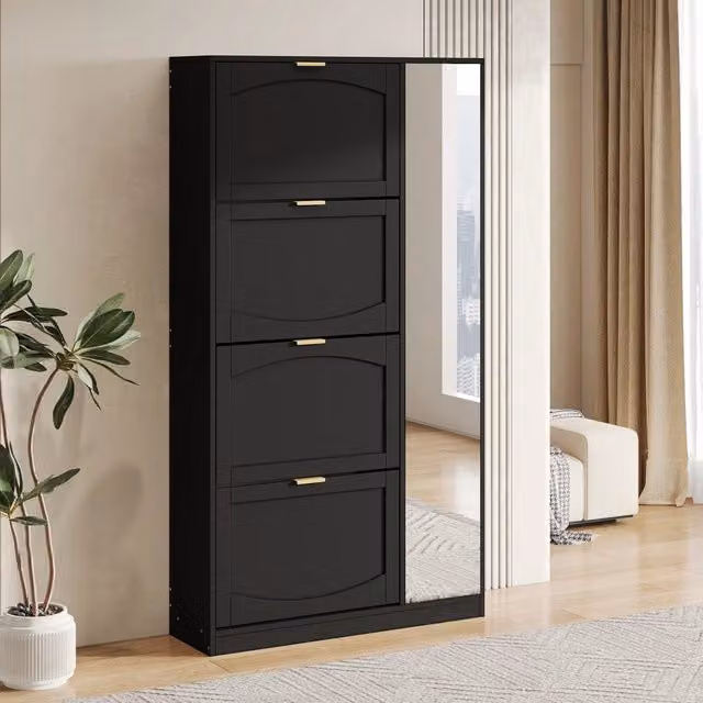 Scarpiera con ante a specchio 4 vani nascosti ripiani regolabili pannello truciolare nera 80 × 24 × 147 cm