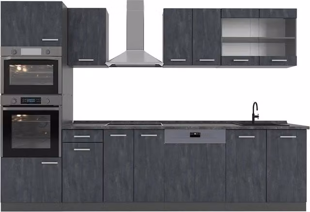 Cucina componibile moderna Vicco R-Line in finitura opaca nera e antracite, L: 300 cm, senza piano di lavoro