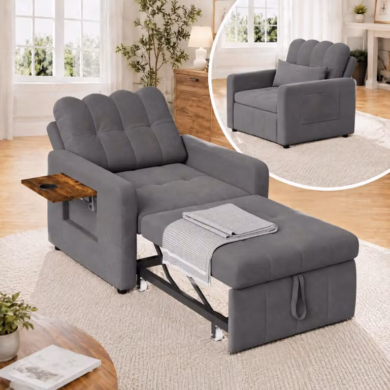 INONEFT, poltrona reclinabile 3-in-1 con funzione letto, divano letto, poltrona reclinabile con schienale regolabile in 5 posizioni, divano letto per ospiti, tessuto in chenille, colore grigio