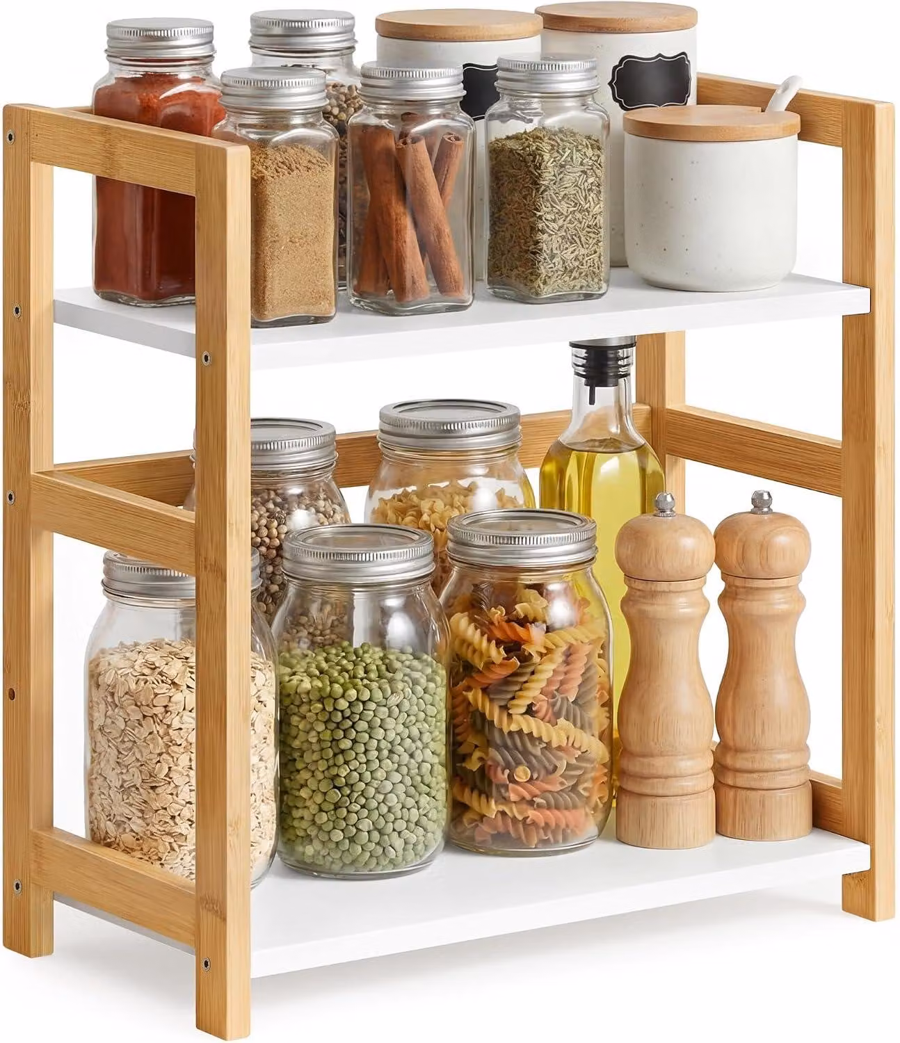Portaspezie - Scaffale da cucina a 2 ripiani - Bambù e MDF - Bianco e beige