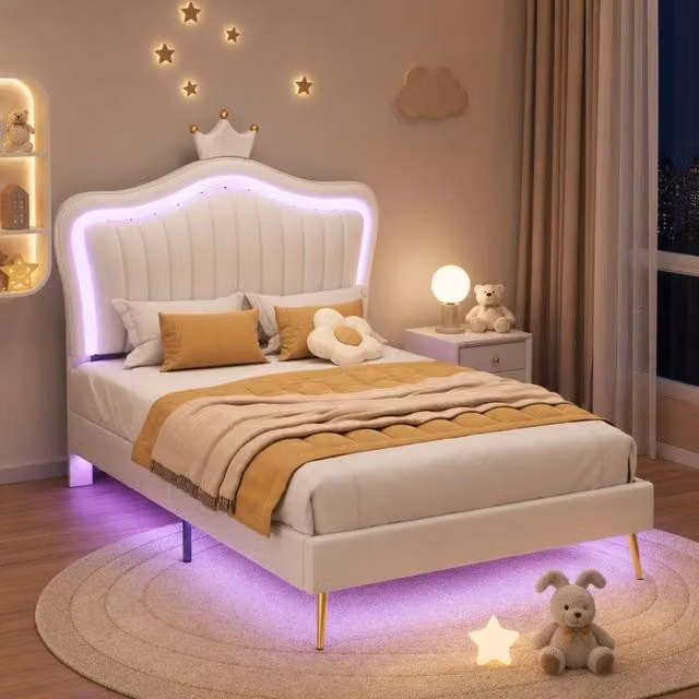 Letto per bambini imbottito con testiera a conchiglia e corona, bianco, L/P: 90 x 200 cm – 1