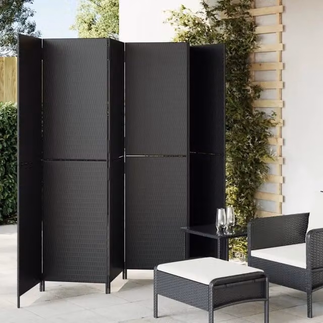 Paravento divisorio per ambienti con 6 pannelli in rattan e metallo nero opaco H: 180 cm, L: 294 cm
