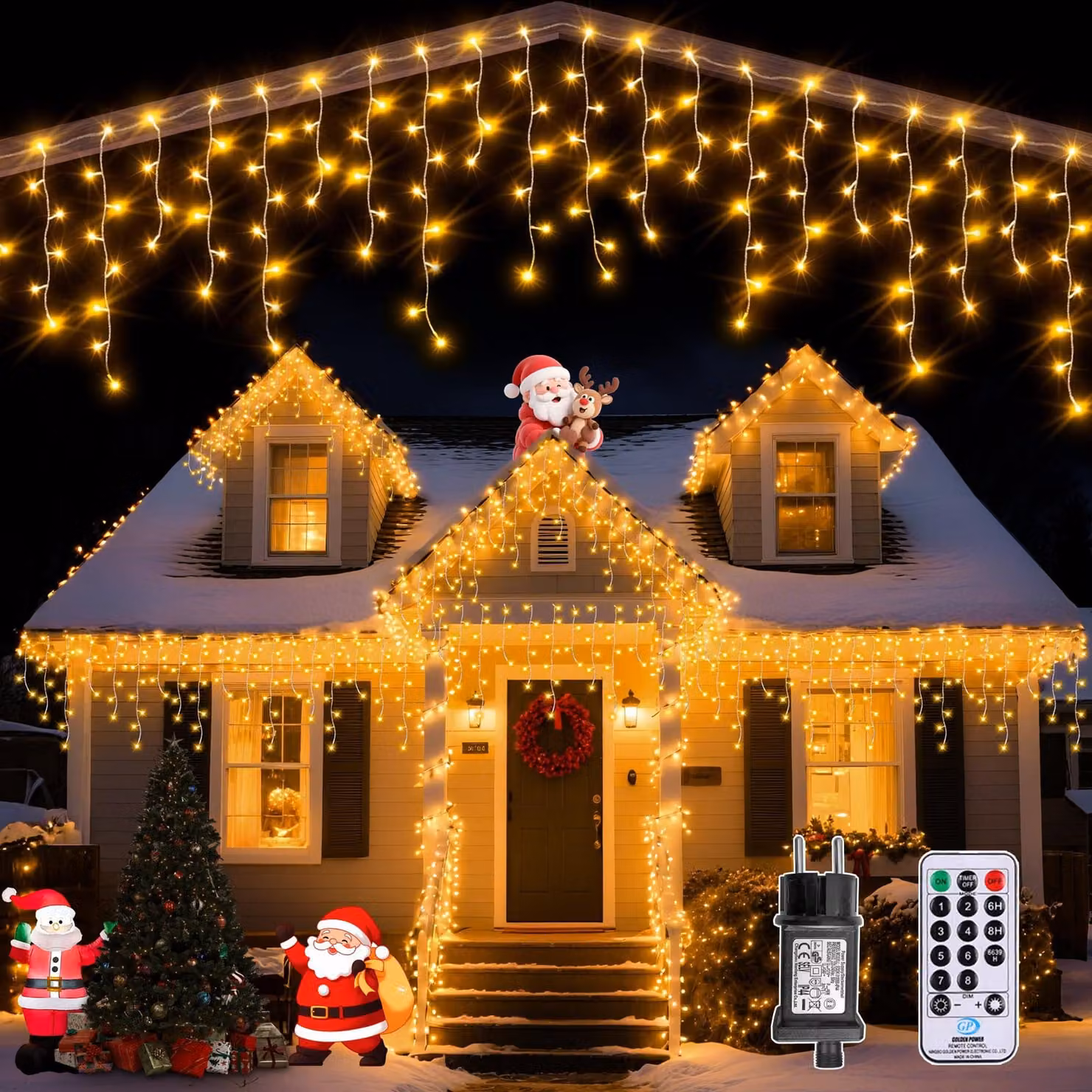 Catena luminosa a LED, 486 LED, luce bianco caldo, 12,5 metri, grado di protezione IP44, con telecomando