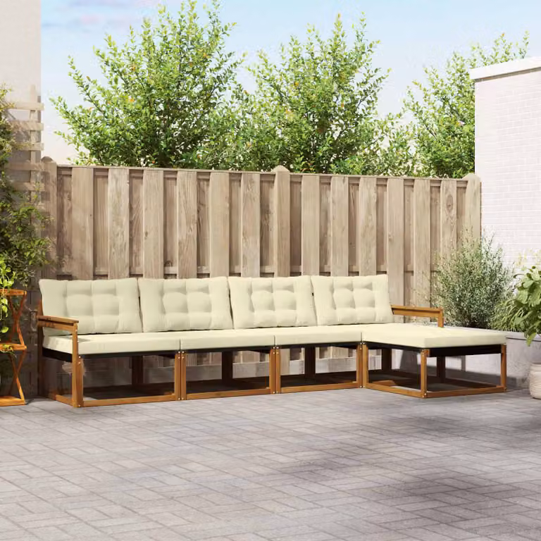 Set di divani da esterno vidaXL 5 pz a forma di L in legno di acacia con cuscini beige e bianco