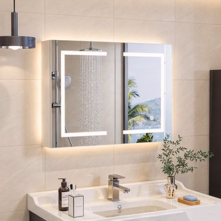 INONEFT, mobiletti bagno con specchio e illuminazione LED a 3 colori, armadietto a specchio, mobile sospeso, antiappannamento, specchio touch screen, 2 ante