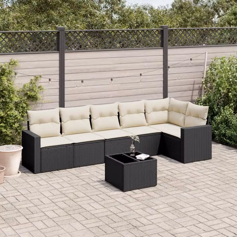 Set di divani da giardino vidaXL a forma di L in polyrattan nero con 7 pezzi e cuscini inclusi