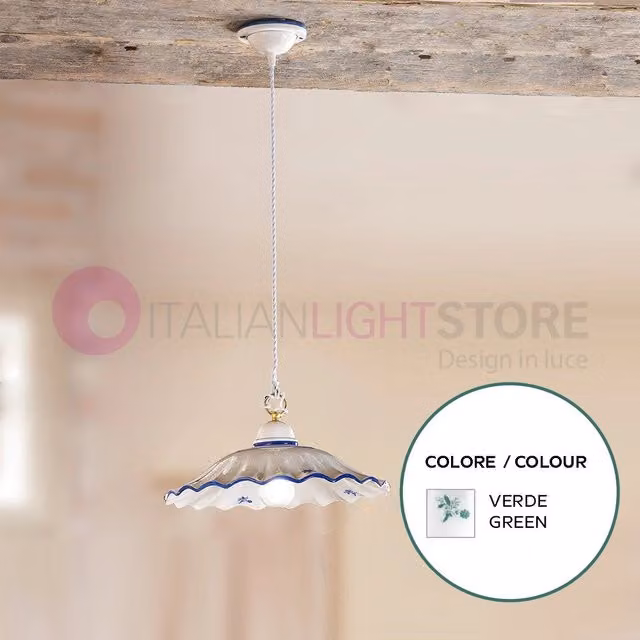 Lampada a sospensione in ceramica Altopascio di Ceramiche Borso con decori verdi e finitura rustica, diametro 38 cm