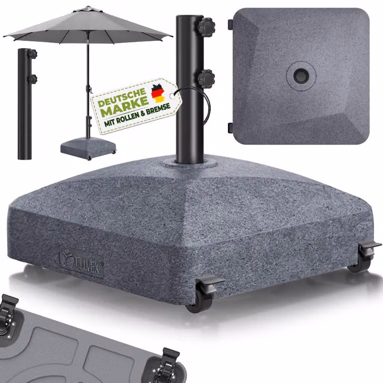 tillvex® Supporto per ombrellone GRAVIA con rotelle e freni Effetto granito | Supporto riempibile 37 litri / 56 kg | Peso ombrellone e ombrellone da mercato Ø 1,8-3,7 m | Supporto per ombrellone a braccio laterale resistente alle intemperie