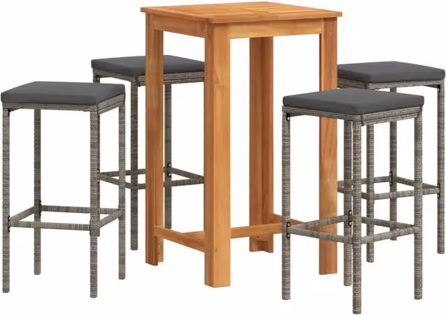 Set Bar Giardino 5pz | Set Salotto da Giardino Grigio Legno Massello Acacia e Polyrattan
