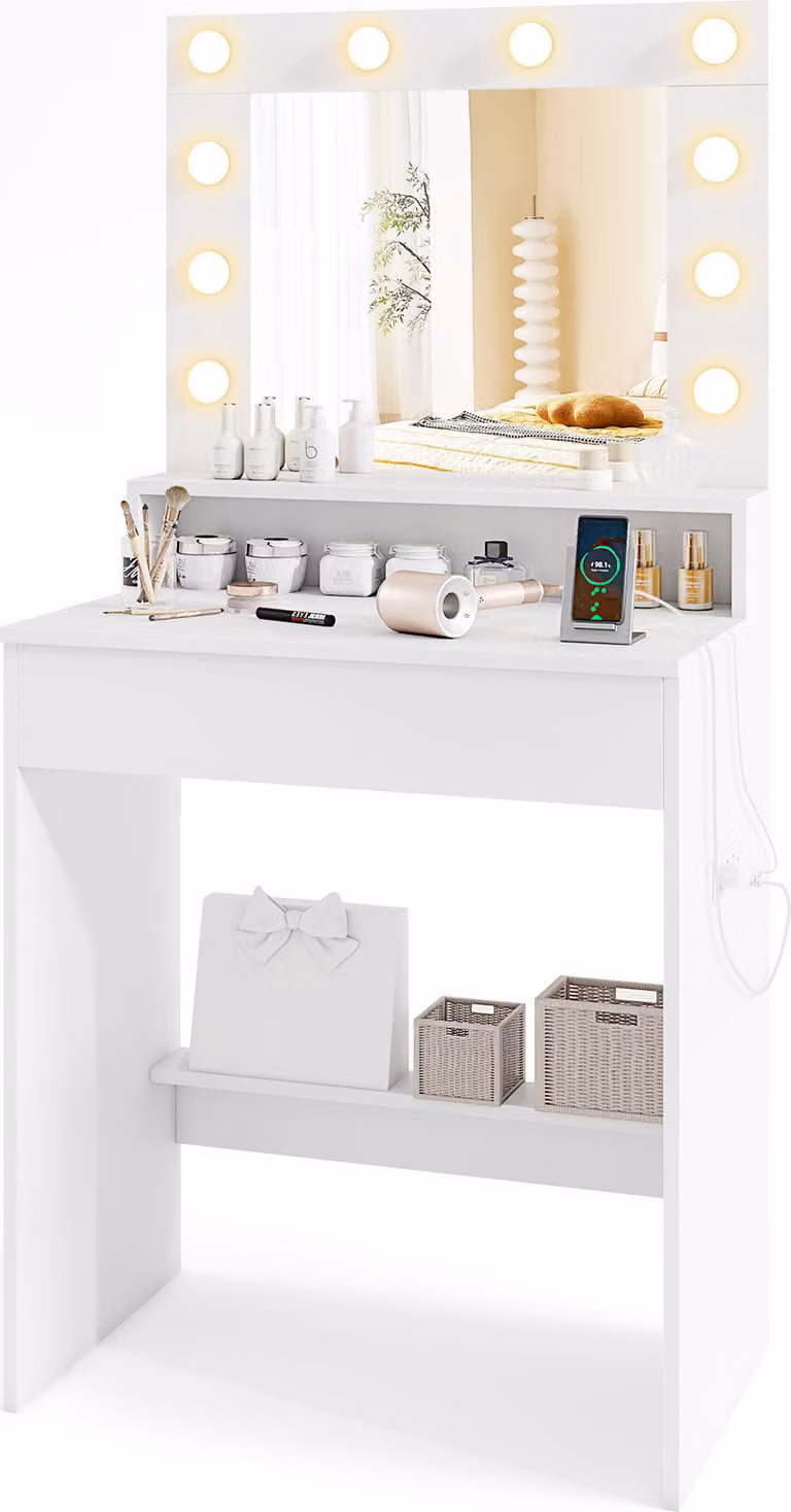 COSTWAY Tavolino da toilette con LED, luminosità regolabile, stazione di ricarica, specchio, cassetto e scomparto aperto, tavolo cosmetico bianco
