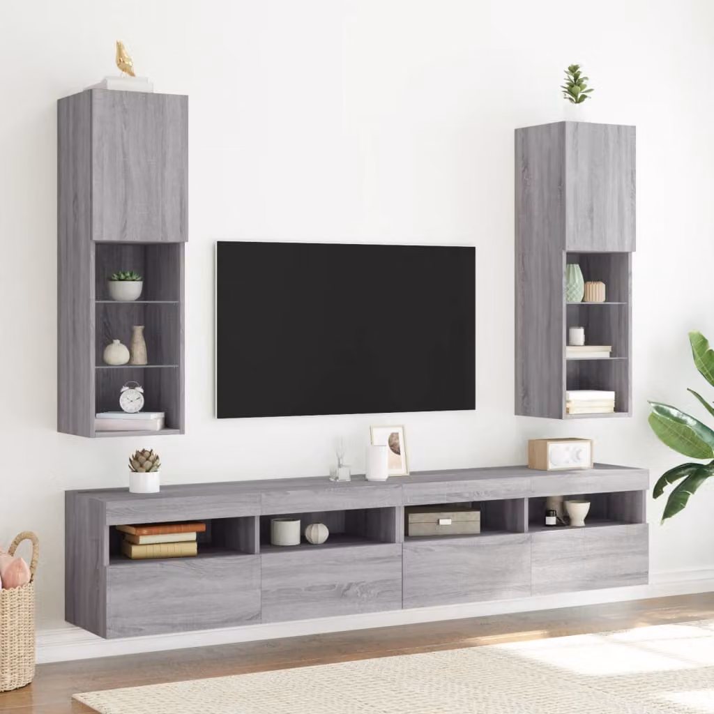 Set di 2 mobili TV moderni vidaXL con luci LED integrate, colore grigio, montaggio a parete, L/P/H: 30,5 x 30 x 102 cm