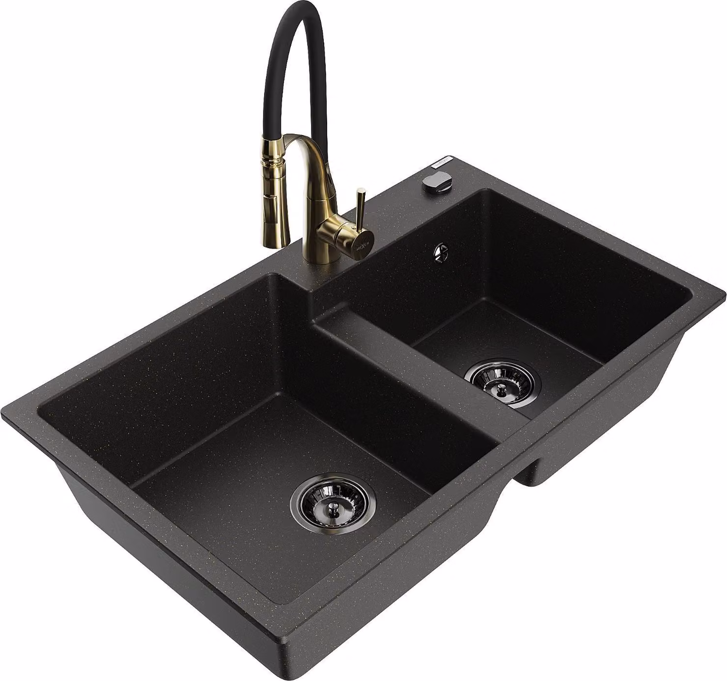Mexen Tomas lavello da cucina in granito con 2 vasche e miscelatore Aster, nero/oro metallizzato - 6516-75-73450-57-B