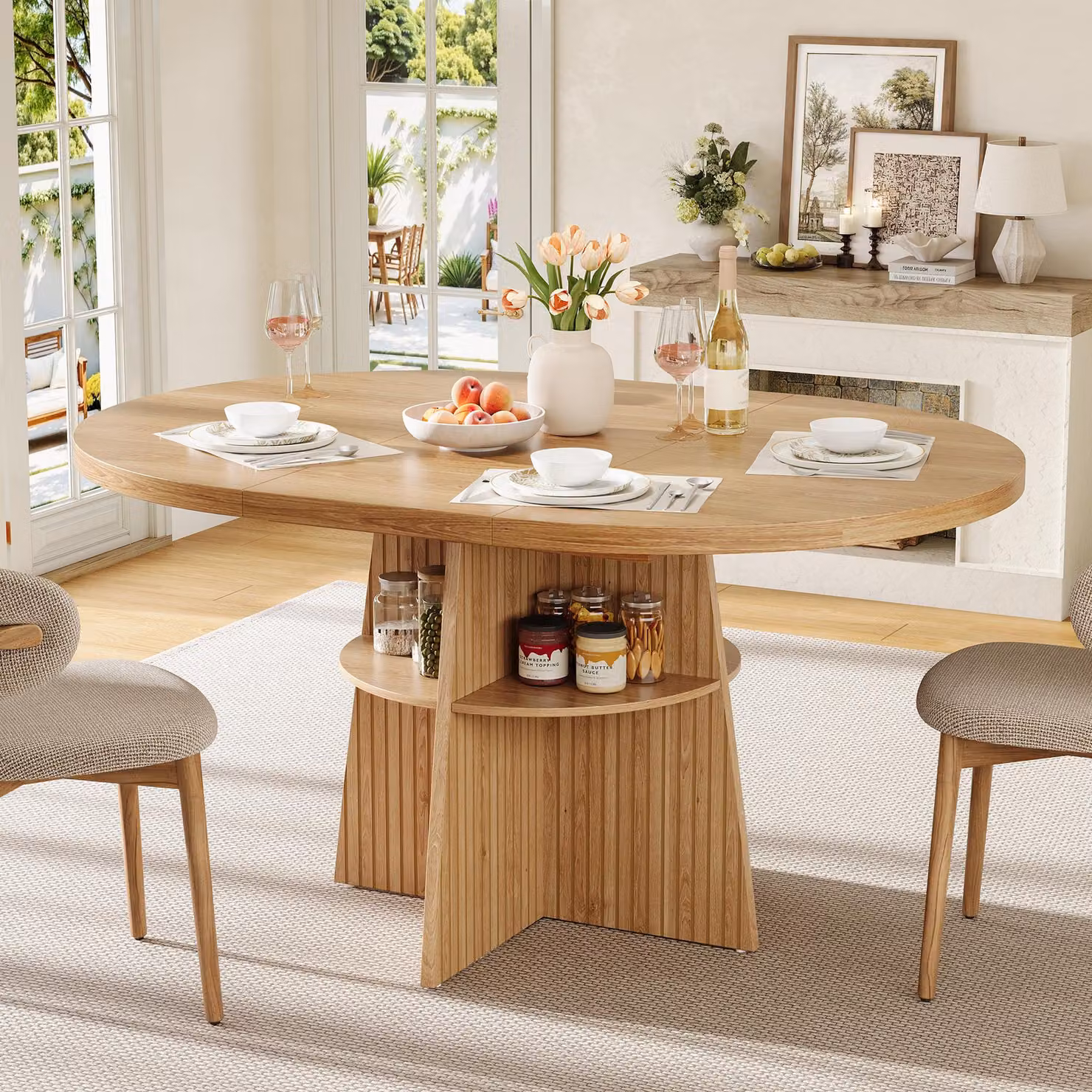 Tavolo allungabile rotondo, con piano estensibile, superficie di appoggio integrata, tavolo da cucina per 2-8 persone, tavolo da pranzo, aspetto naturale