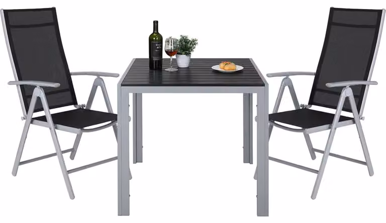 Set da giardino composto da 3 elementi: divanetto lounge per balcone, con struttura in alluminio, 2 sedie in tessuto Textilene e un tavolino. Ideale per terrazza, giardino e balcone. Colore nero con bordi argentati