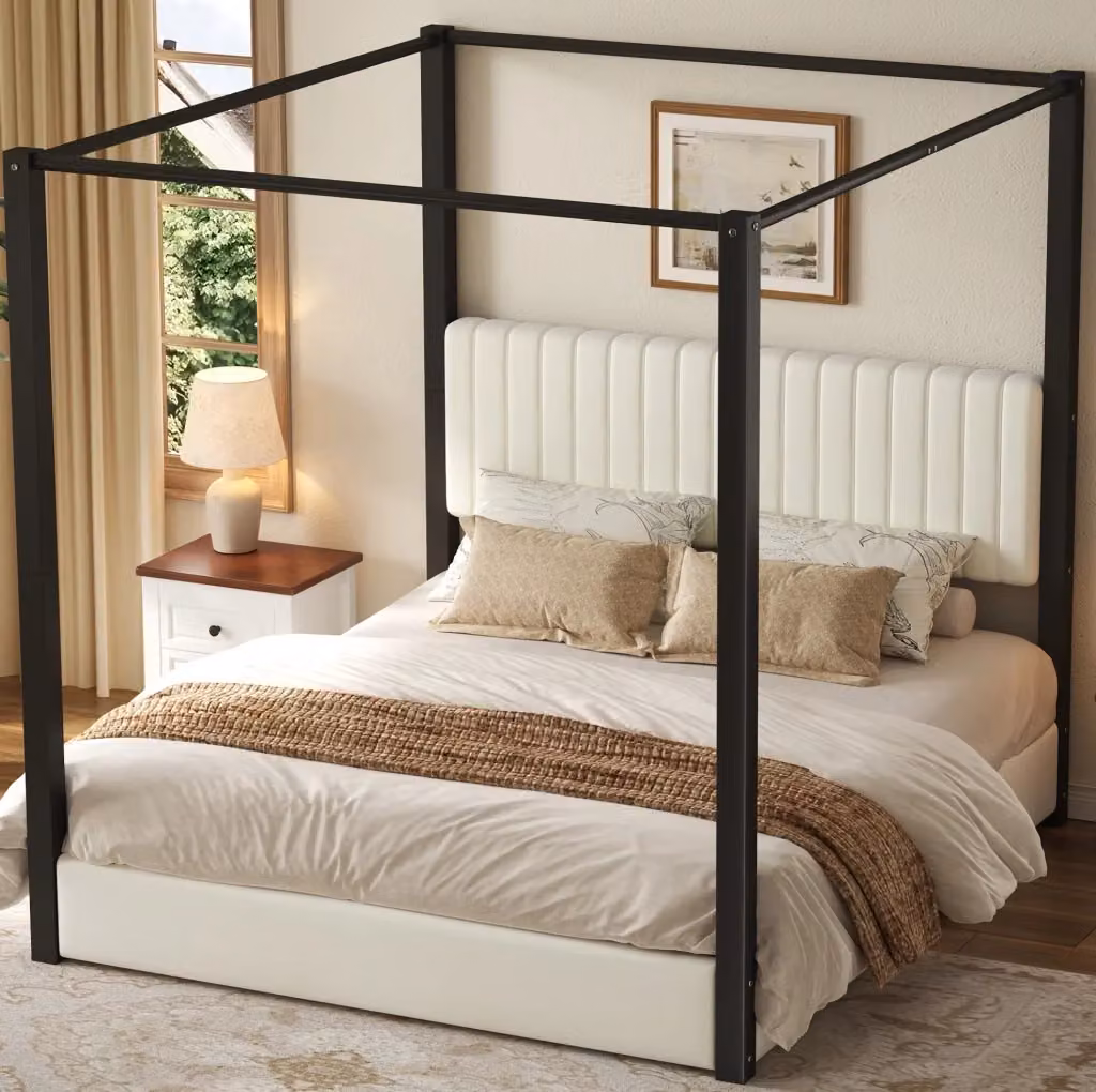 Letto a baldacchino MODFU in velluto beige, nero e bianco con struttura in metallo e MDF, L/P: 180 x 200 cm – 2