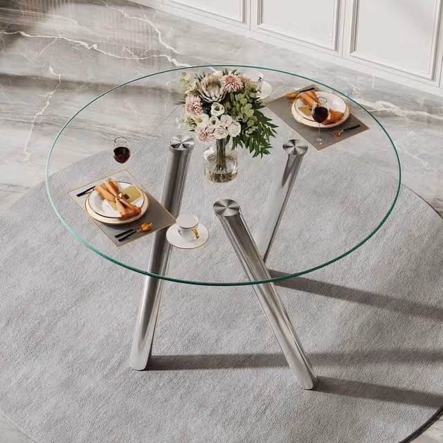 Tavolo da pranzo rotondo Minimal in vetro temperato trasparente e gambe in metallo argento, Diametro: 89 cm, Altezza: 76 cm
