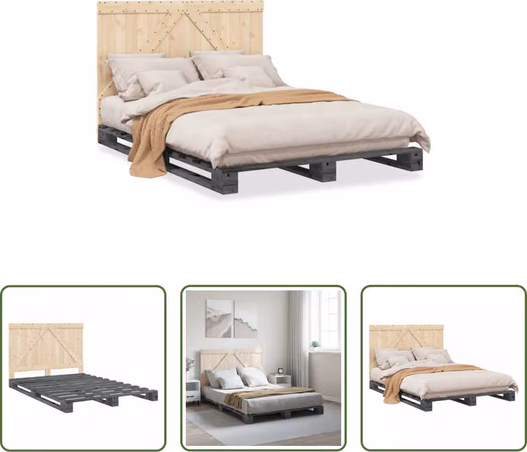 The Living Store Letto in legno massiccio con testiera grigio 140x200 cm pino
