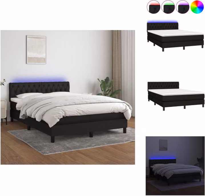 vidaXL Letto a molle con materasso e LED in tessuto nero 140x190 cm - Letti e strutture letto