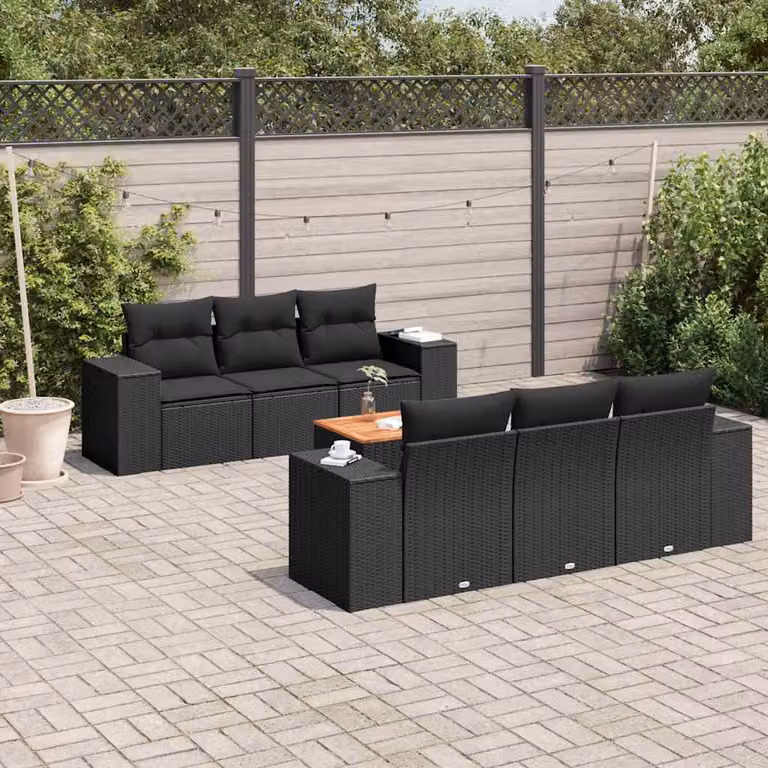 Set di Divani da Giardino vidaXL in Polyrattan Nero con Cuscini e Tavolino da 7 Pezzi