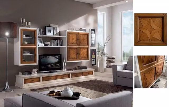 Parete attrezzata porta TV Mobili 2G in legno stile shabby bianco e noce L: 298 cm, P: 56 cm, H: 200 cm – 3