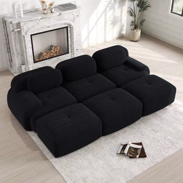 Divano angolare modulare OKWISH in tessuto corduroy nero con imbottitura in schiuma e braccioli ergonomici – 1